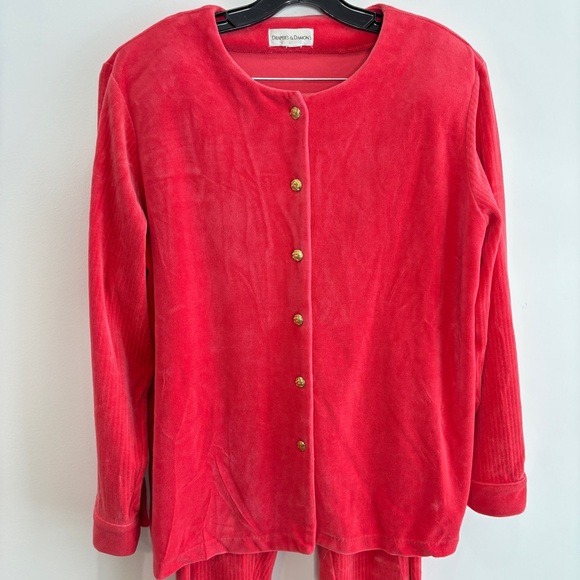 Drapers & Damons XL Coral Lounge Set Velour Gold Button Front Top Elastic Pants - Picture 15 of 16